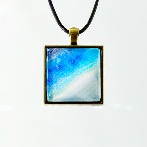 Artistic Blue and Gold Square Pendant Necklace